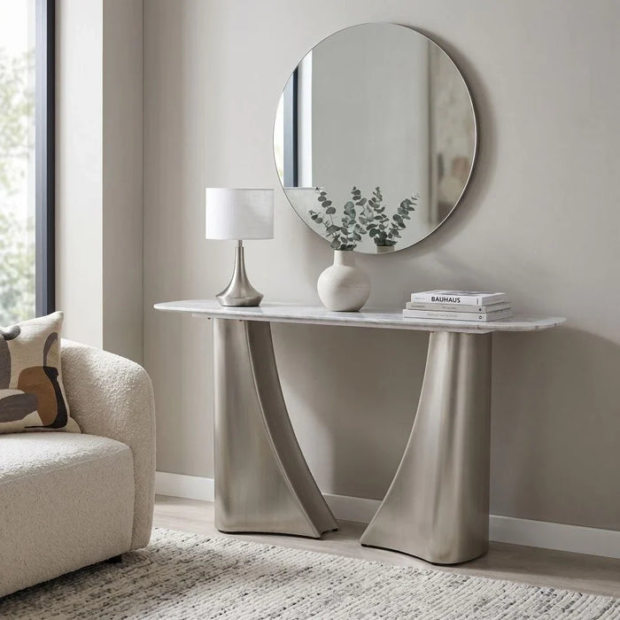 Biene Marble Top Console Table - Light Grey/Matt Silver