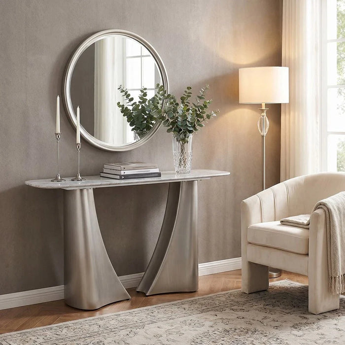 Biene Marble Top Console Table - Light Grey/Matt Silver