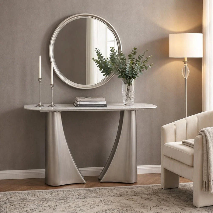 Biene Marble Top Console Table - Light Grey/Matt Silver