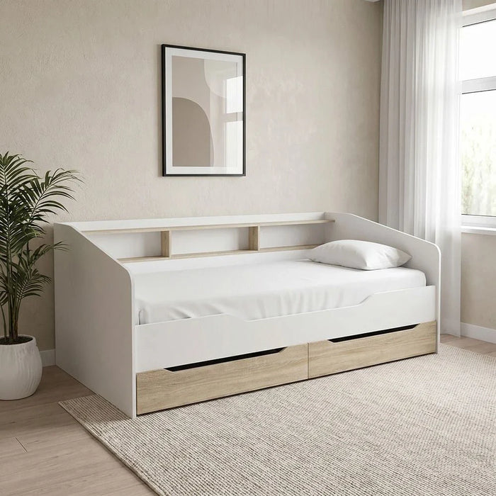 Kinder 90x190 Day Bed with Storage Headboard & 2 Drawers - White & Sonoma Oak - With 2-Year Warranty
