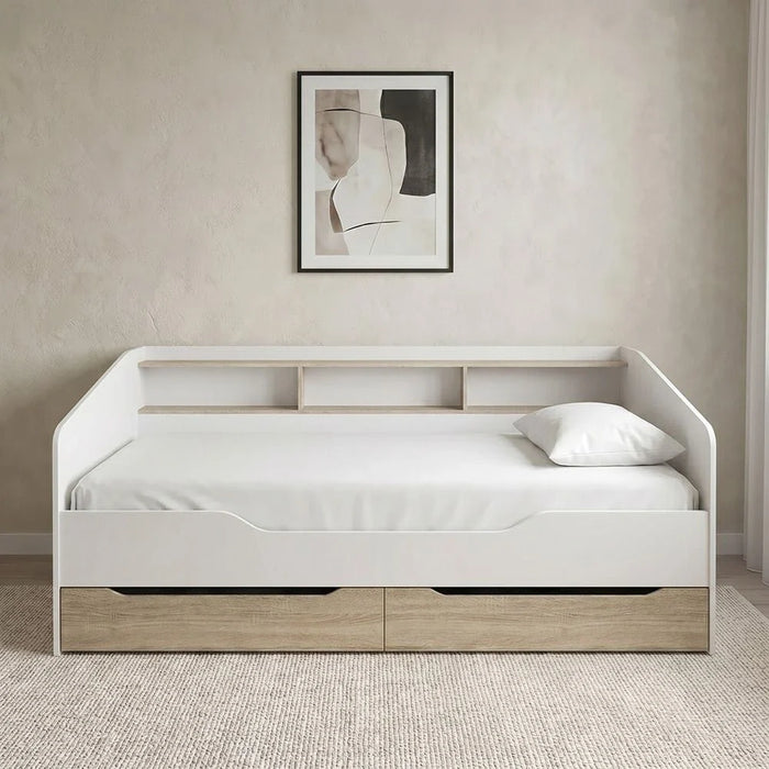 Kinder 90x190 Day Bed with Storage Headboard & 2 Drawers - White & Sonoma Oak - With 2-Year Warranty