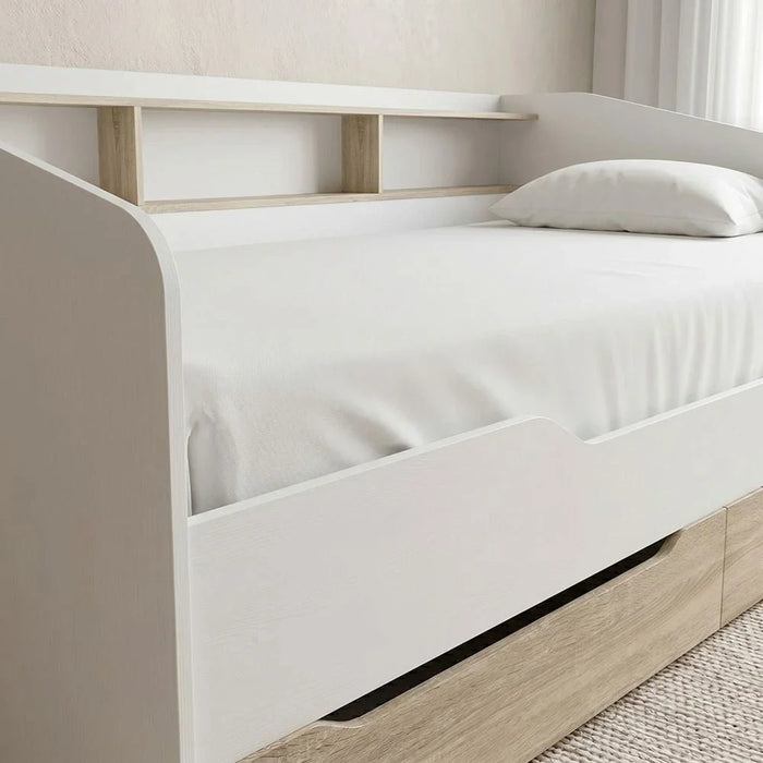 Kinder 90x190 Day Bed with Storage Headboard & 2 Drawers - White & Sonoma Oak - With 2-Year Warranty