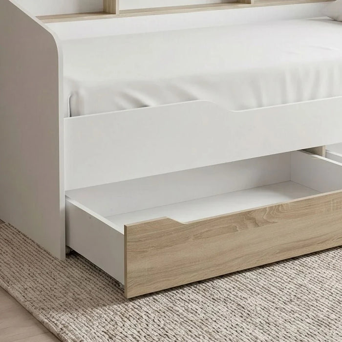 Kinder 90x190 Day Bed with Storage Headboard & 2 Drawers - White & Sonoma Oak - With 2-Year Warranty