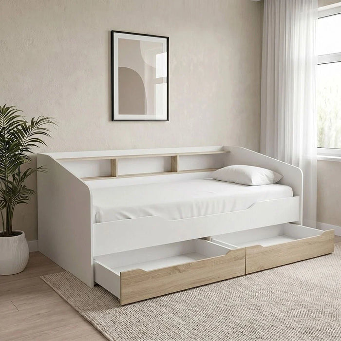 Kinder 90x190 Day Bed with Storage Headboard & 2 Drawers - White & Sonoma Oak - With 2-Year Warranty