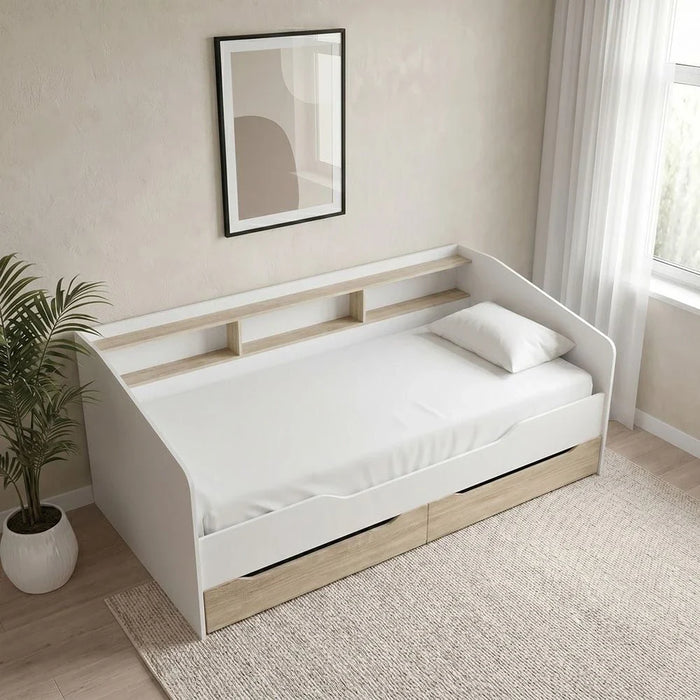 Kinder 90x190 Day Bed with Storage Headboard & 2 Drawers - White & Sonoma Oak - With 2-Year Warranty