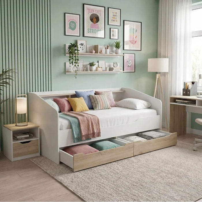 Kinder 90x190 Day Bed with Storage Headboard & 2 Drawers - White & Sonoma Oak - With 2-Year Warranty