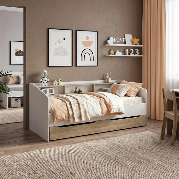 Kinder 90x190 Day Bed with Storage Headboard & 2 Drawers - White & Sonoma Oak - With 2-Year Warranty