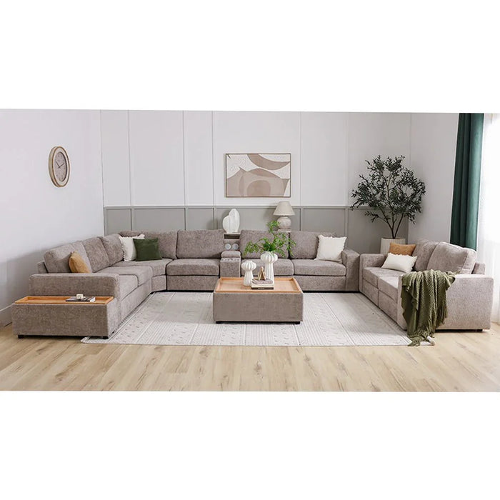 Odum Fabric Console with Storage + Speaker + 2 Cup Holders + Charger-Brown-With 2-Year Warranty