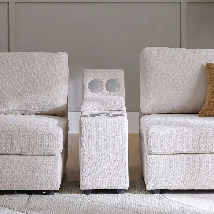 Odum Fabric Console with Storage + Speaker + 2 Cup Holders + Charger-Grey/White-With 2-Year Warranty