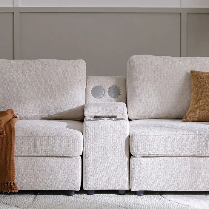 Odum Fabric Console with Storage + Speaker + 2 Cup Holders + Charger-Grey/White-With 2-Year Warranty
