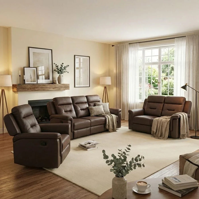 Nato 3-Seater Half Leather Recliner - Brown - With 2-Year Warranty