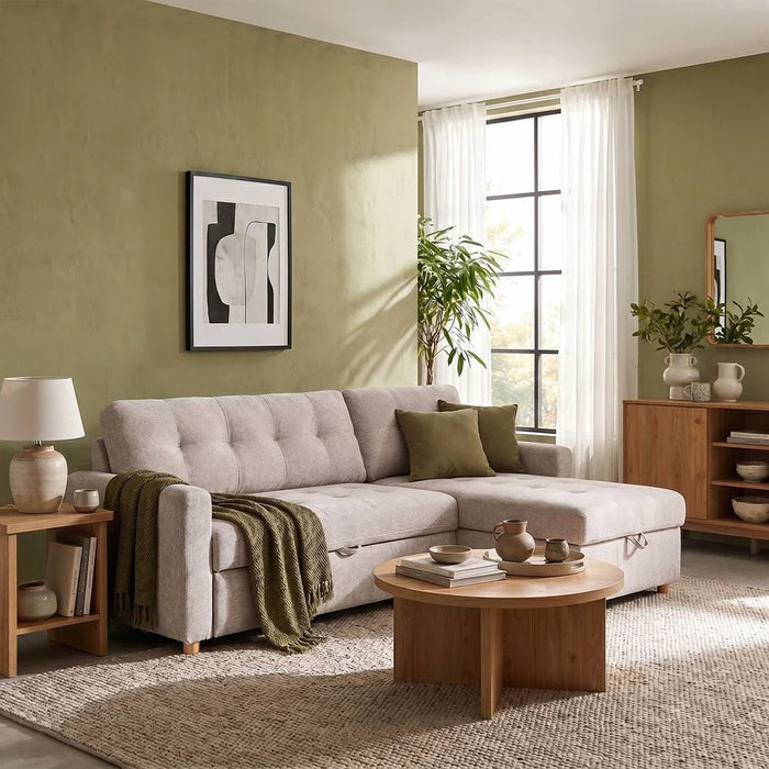 Jaizell 3-Seater Reversible Fabric Corner Sofa Bed with Storage - Beige - With 2-Year Warranty