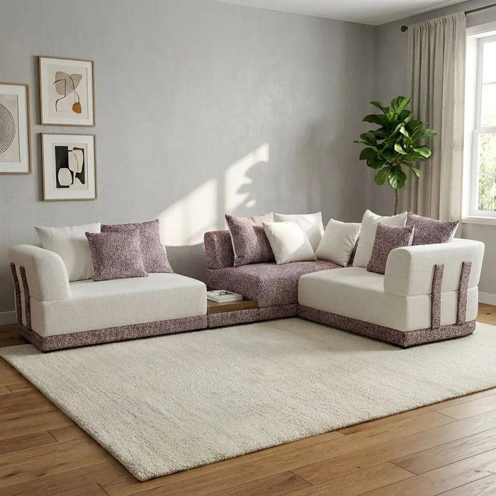 Hadley 6-Seater Sectional Corner Fabric Sofa - Beige/Cherry - With 2-Year Warranty