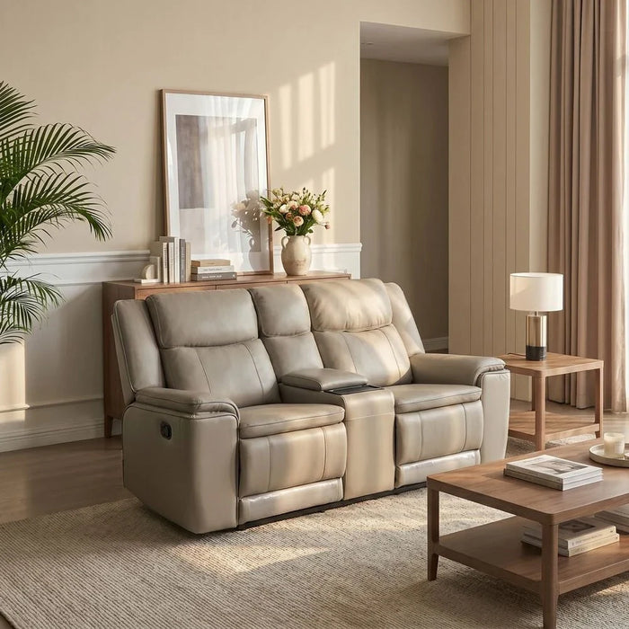 Aurevo 2 Seater Faux Leather Recliner With Console & Storage + Wireless Charging - Light Grey