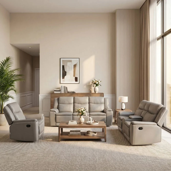 Aurevo 2 Seater Faux Leather Recliner With Console & Storage + Wireless Charging - Light Grey