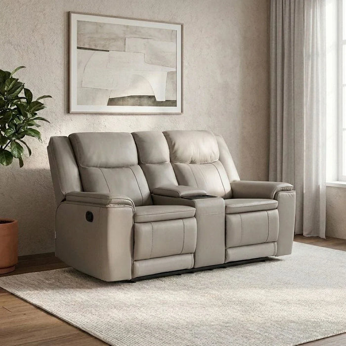 Aurevo 2 Seater Faux Leather Recliner With Console & Storage + Wireless Charging - Light Grey