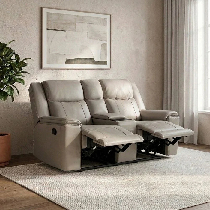 Aurevo 2 Seater Faux Leather Recliner With Console & Storage + Wireless Charging - Light Grey