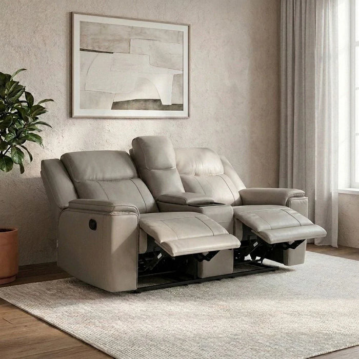 Aurevo 2 Seater Faux Leather Recliner With Console & Storage + Wireless Charging - Light Grey