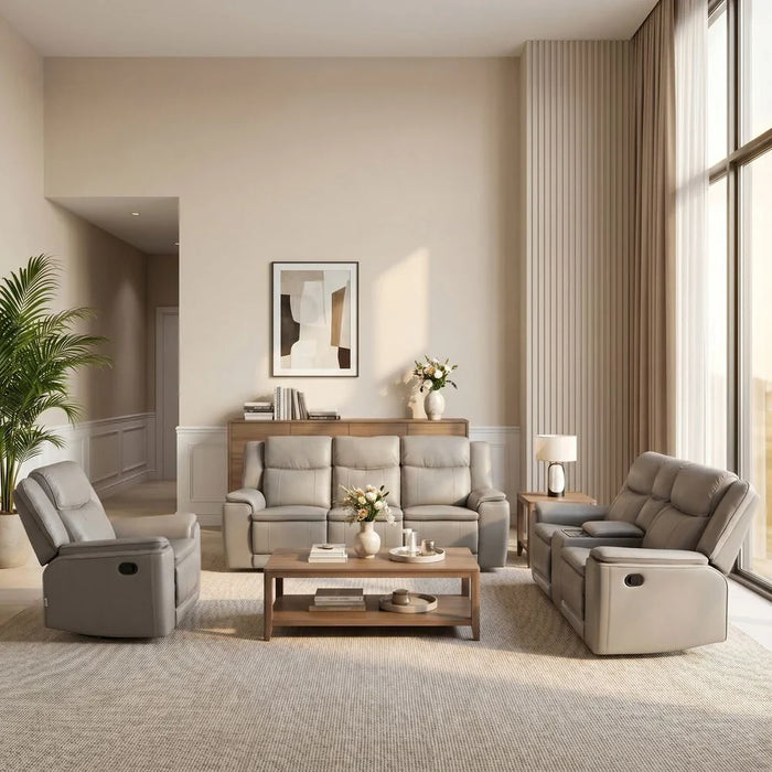 Aurevo 3 Seater Faux Leather Recliner With Drop Down Table + Usb Outlet -Light Grey