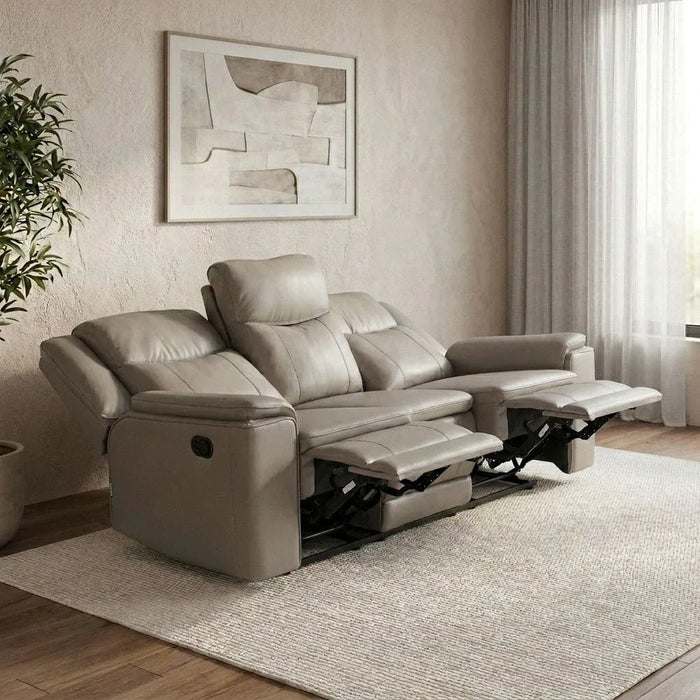 Aurevo 3 Seater Faux Leather Recliner With Drop Down Table + Usb Outlet -Light Grey