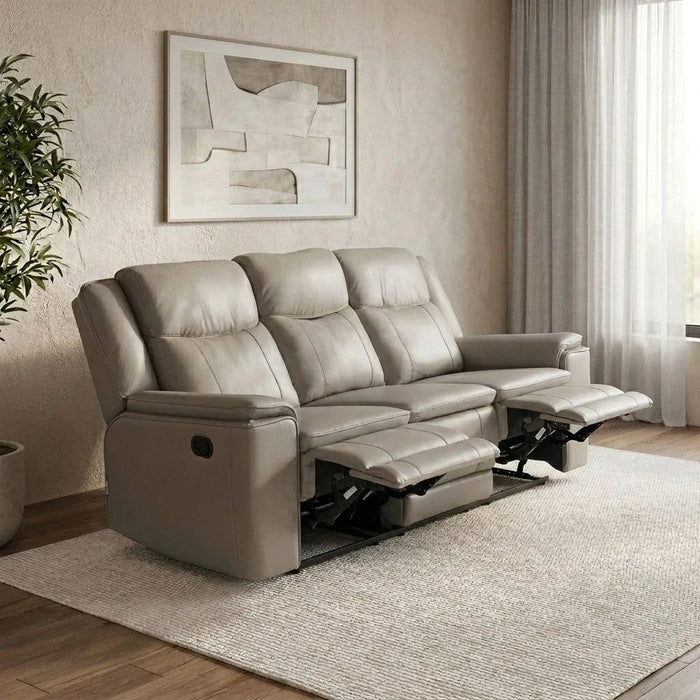 Aurevo 3 Seater Faux Leather Recliner With Drop Down Table + Usb Outlet -Light Grey