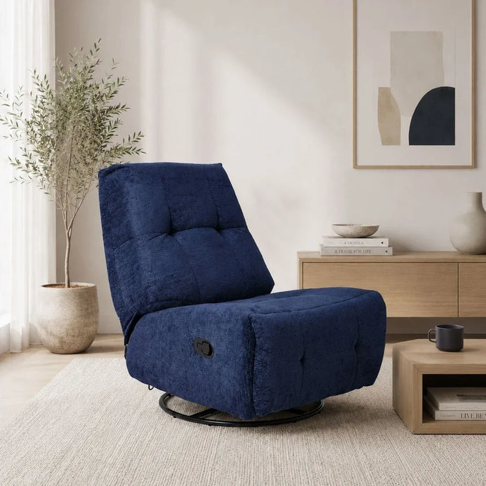Kenna Fabric Recliner With Glider + Swivel - Navy