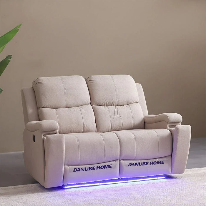 Paladin 2-Seater Fabric Recliner with LED & Cup Holder - Beige - With 2-Year Warranty
