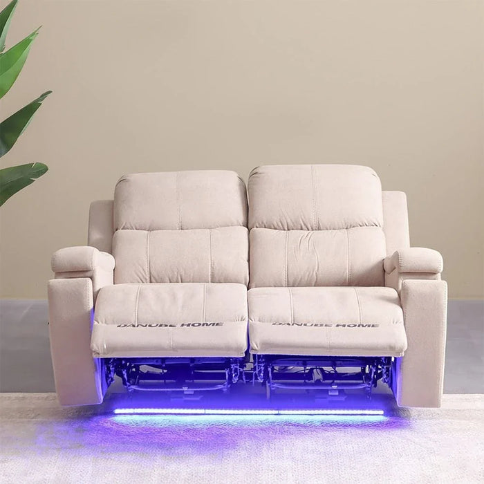Paladin 2-Seater Fabric Recliner with LED & Cup Holder - Beige - With 2-Year Warranty