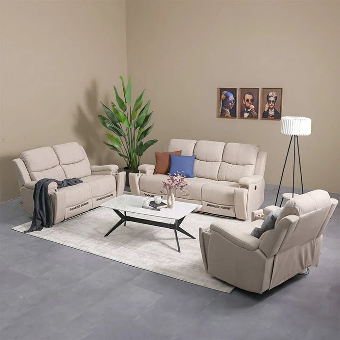 Paladin 2-Seater Fabric Recliner with LED & Cup Holder - Beige - With 2-Year Warranty