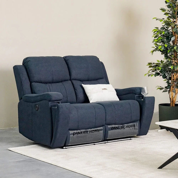 Paladin 2-Seater Fabric Recliner with LED & Cup Holder - Blue - With 2-Year Warranty