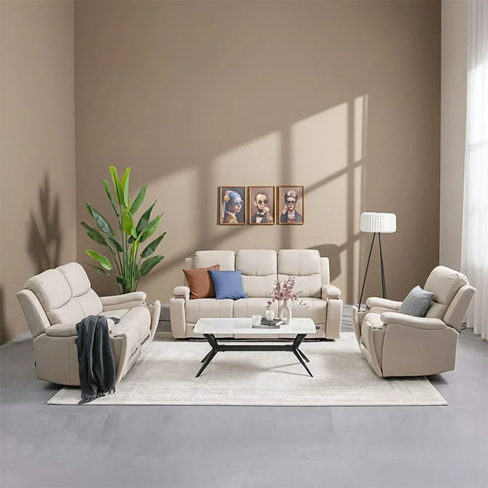 Paladin 3 Seater Fabric Recliner With Led & Cup Holder-Beige