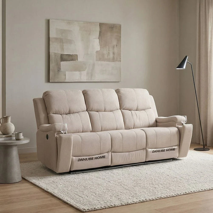Paladin 3 Seater Fabric Recliner With Led & Cup Holder-Beige