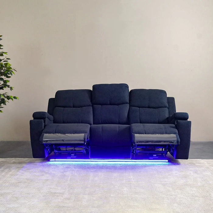 Paladin 3-Seater Fabric Recliner with LED & Cup Holder - Blue - With 2-Year Warranty