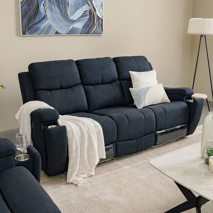 Paladin 3-Seater Fabric Recliner with LED & Cup Holder - Blue - With 2-Year Warranty