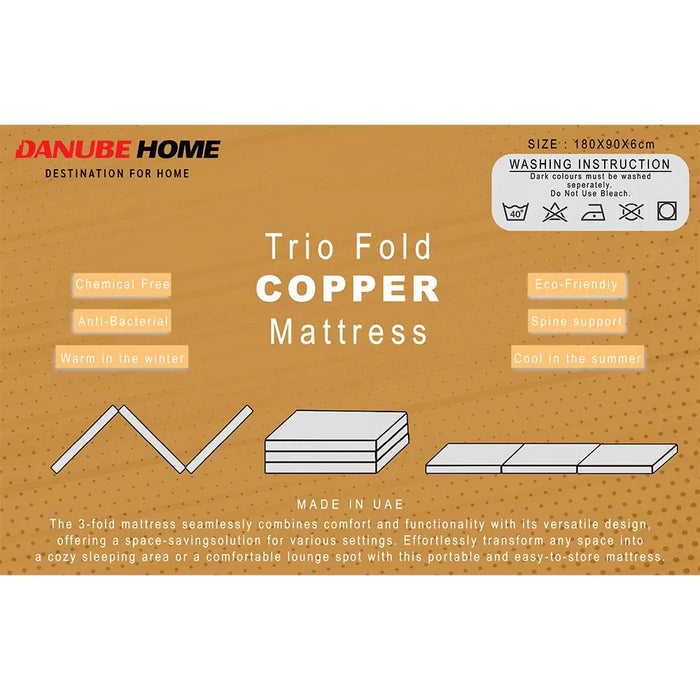 Houston Tri-Fold Single Mattress-180x90x6 cm-Copper