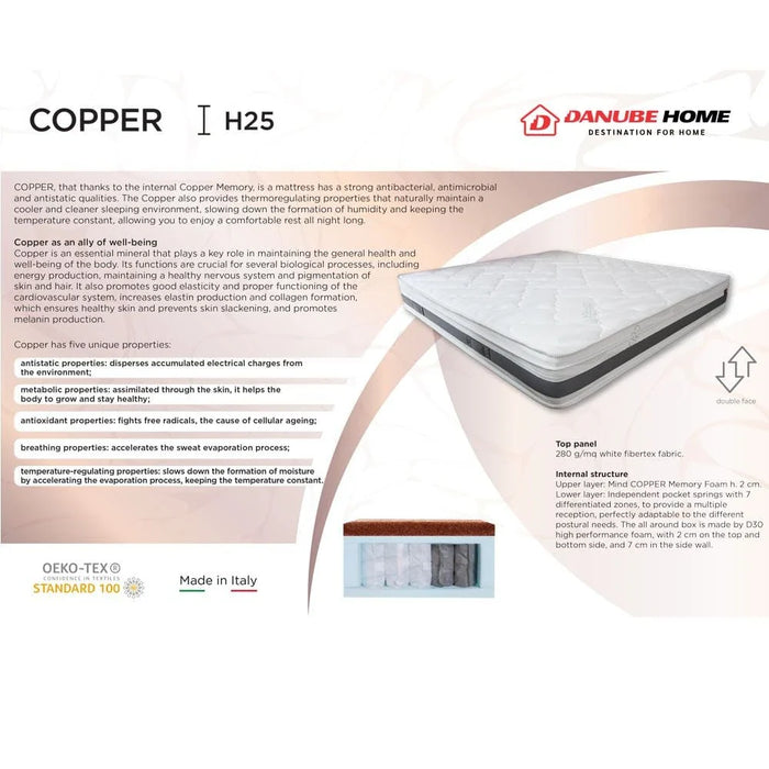 Copper Pocket Spring Antibacterial & Infused Memory Foam Super King Mattress-200x200x25 cm-With 20-Year Warranty