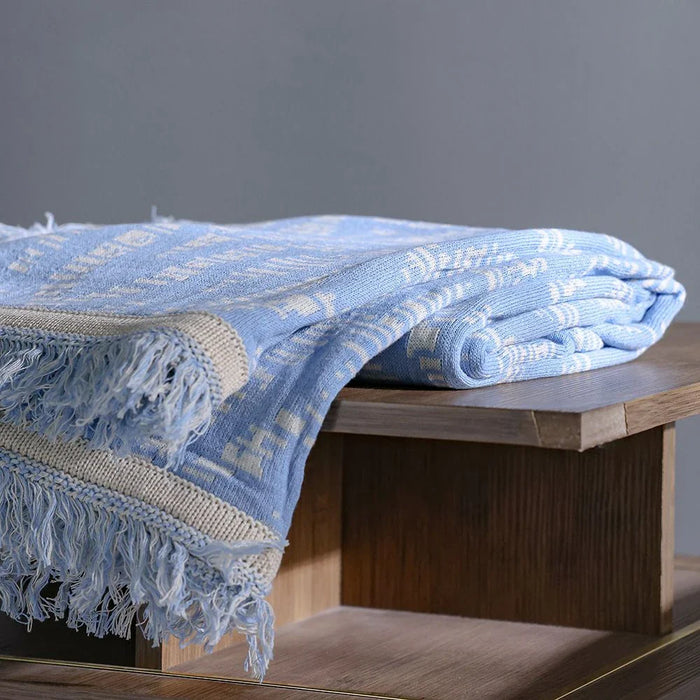 Takisha Chunky Knitted Throw - Ivory - Blue - 127x152 cm