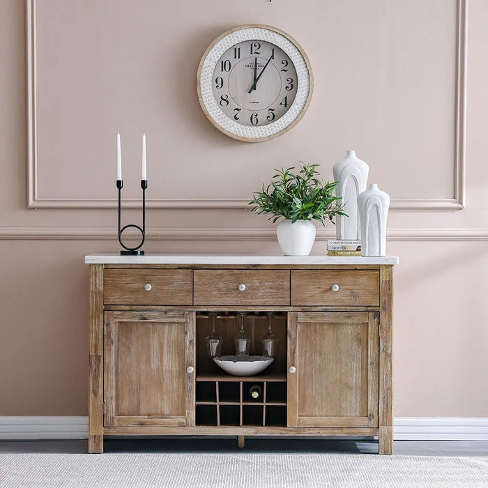 Karrisa Marble Top Buffet Table | 3 Drawers & 3 Doors-White/Natural Oak-With 2-Year Warranty