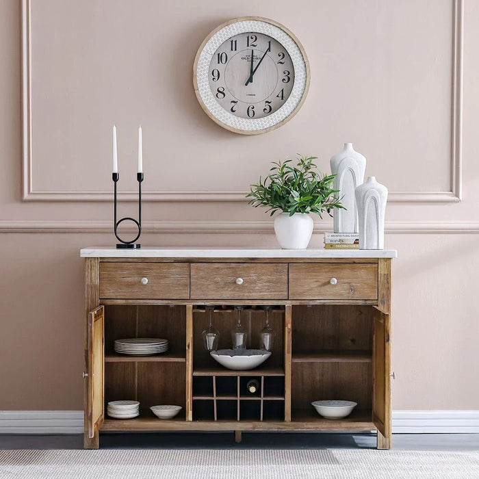 Karrisa Marble Top Buffet Table | 3 Drawers & 3 Doors-White/Natural Oak-With 2-Year Warranty