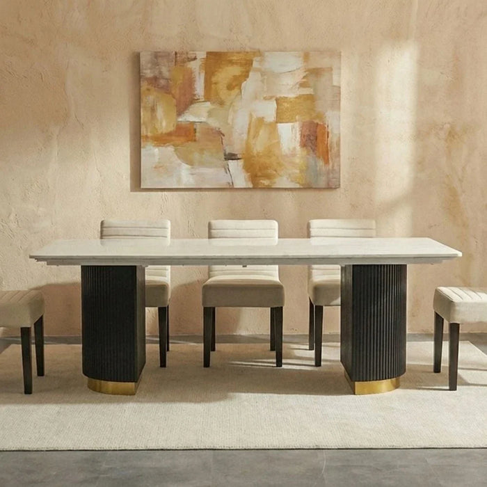 Latymer 1+8-Seater Marble Top Dining Set - White/Walnut/Gold - With 2-Year Warranty