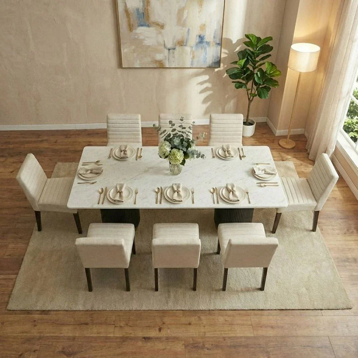 Latymer 1+8-Seater Marble Top Dining Set - White/Walnut/Gold - With 2-Year Warranty