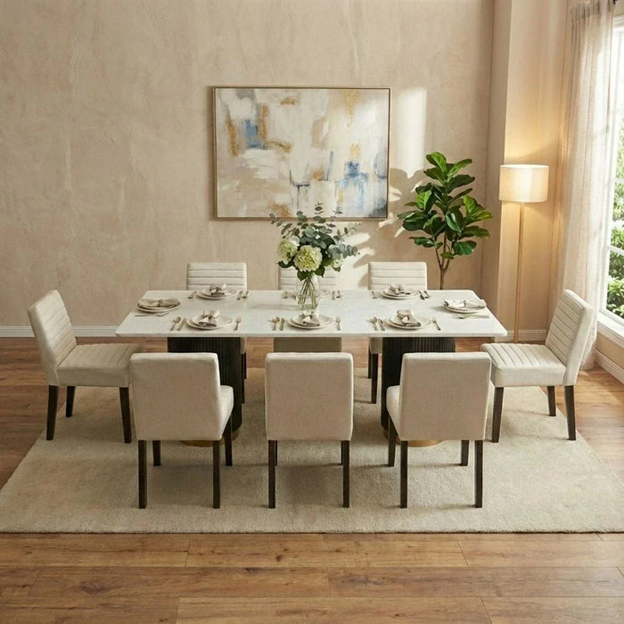 Latymer 1+8-Seater Marble Top Dining Set - White/Walnut/Gold - With 2-Year Warranty