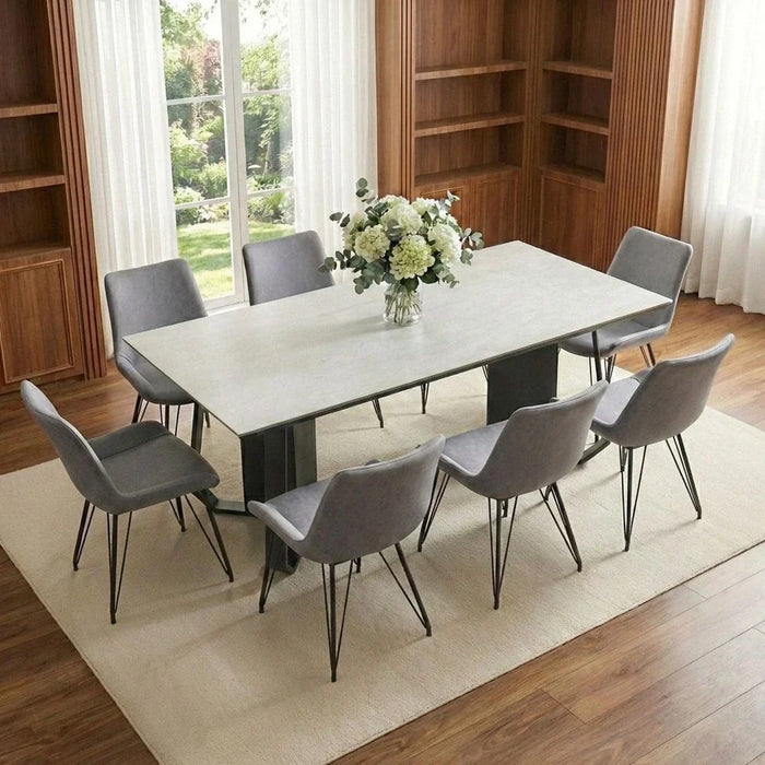 Everson 1+8-Seater Stone Top Dining Set - Matt Beige/Black - With 2-Year Warranty