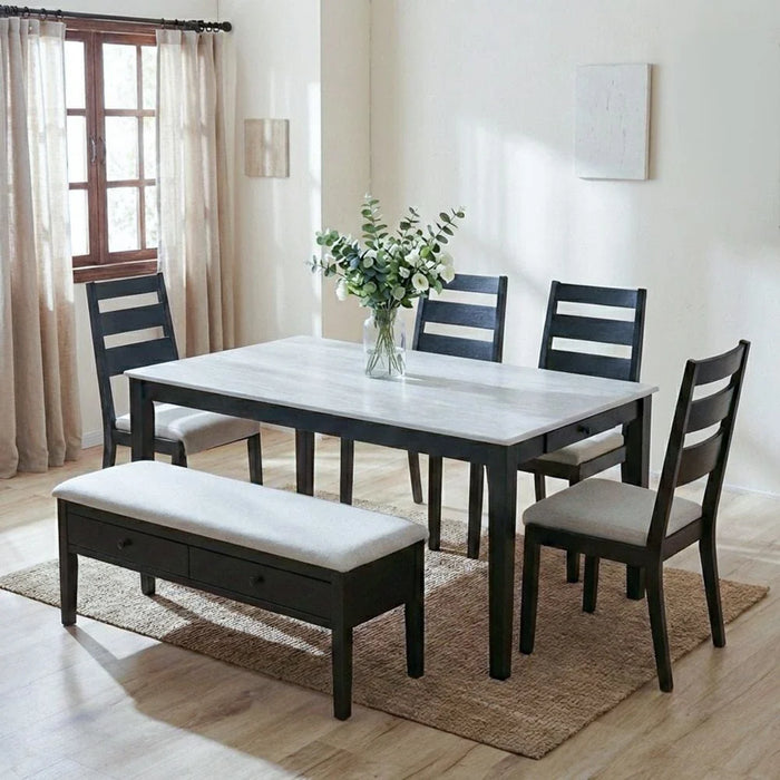 Tovia 6-Seater Solid Wood Dining Set with Bench & Storage - Antique White/Black/Grey - With 2-Year Warranty