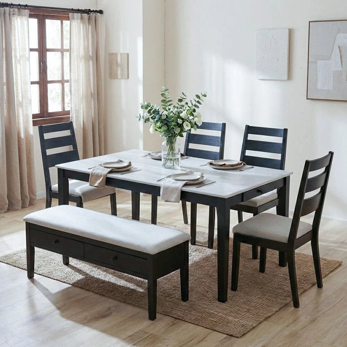 Tovia 6-Seater Solid Wood Dining Set with Bench & Storage - Antique White/Black/Grey - With 2-Year Warranty