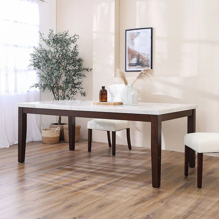 Brody 8-Seater Rectangular Marble Dining Table-White/Dark Walnut-With 2-Year Warranty