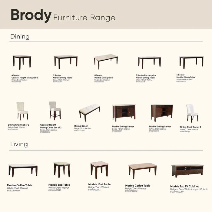Brody 8-Seater Rectangular Marble Dining Table-White/Dark Walnut-With 2-Year Warranty