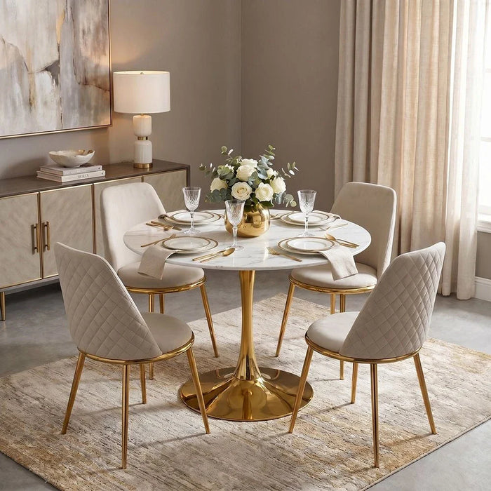 Niha 4-Seater Round Glass Dining Table-White/Gold-With 2-Year Warranty
