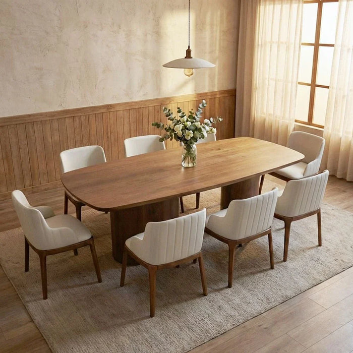 Rorvik 1 + 8 Dining Set-Walnut/Beige-With 2-Year Warranty