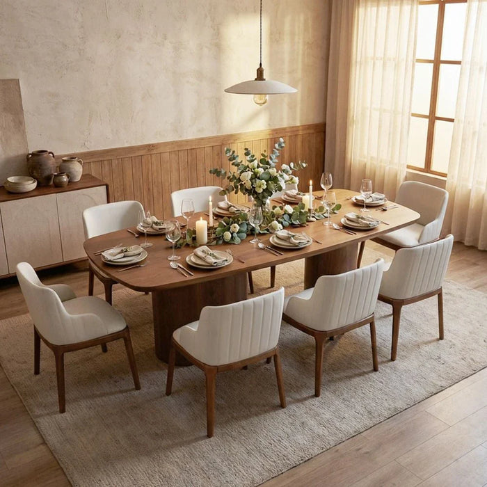 Rorvik 1 + 8 Dining Set-Walnut/Beige-With 2-Year Warranty